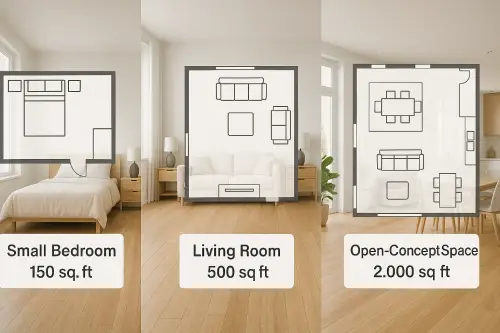 Illustration of hardwood flooring in rooms of different sizes, showing floorplan examples for each size