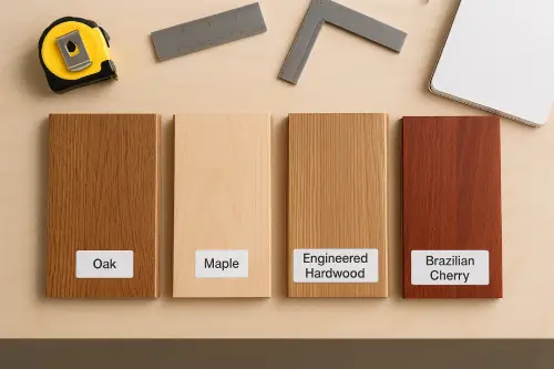 Side-by-side hardwood flooring samples, including oak, maple, engineered, and exotic woods, on a workbench