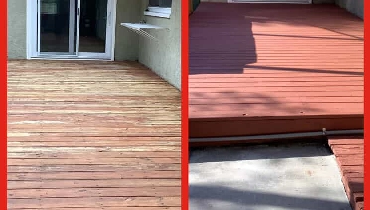 A patio deck before and after it has been refinished and repaired by Mr. Handyman.