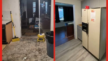 A kitchen remodeling project with new flooring before and after the flooring has been installed by Mr. Handyman.