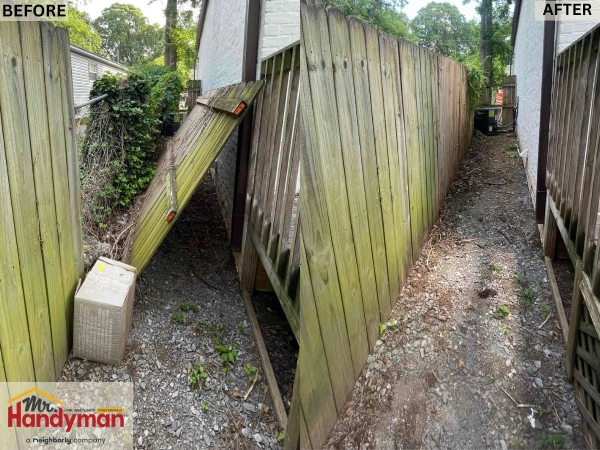 Before and after fence repair by Mr. Handyman in Citrus Park and Keystone, showing a restored, secure wooden fence.