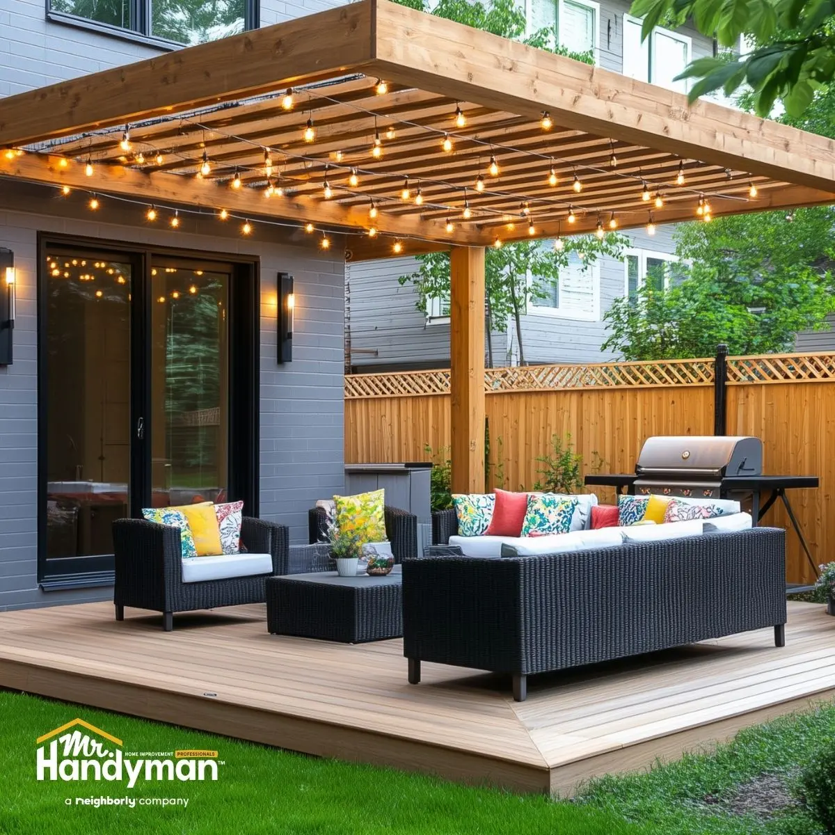 A modern backyard patio with wicker furniture, colorful cushions, a pergola with string lights, a grill, and a wooden fence.