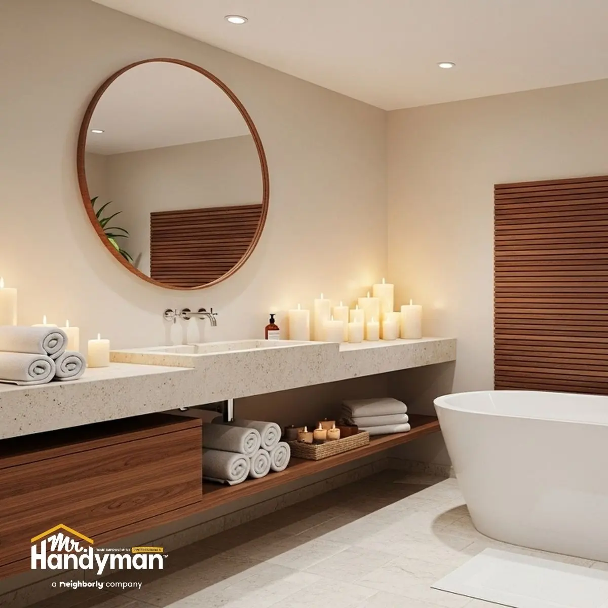 A modern bathroom featuring a freestanding bathtub, a large mirror, and a countertop with candles and neatly rolled towels.