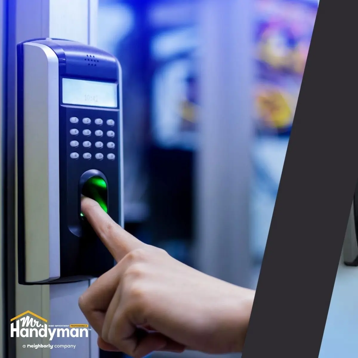 a hand presses a finger on a biometric scanner.