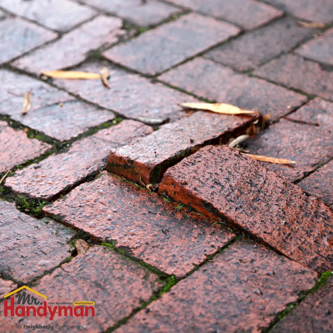 close-up of a brick pavement with one brick lifted and misaligned