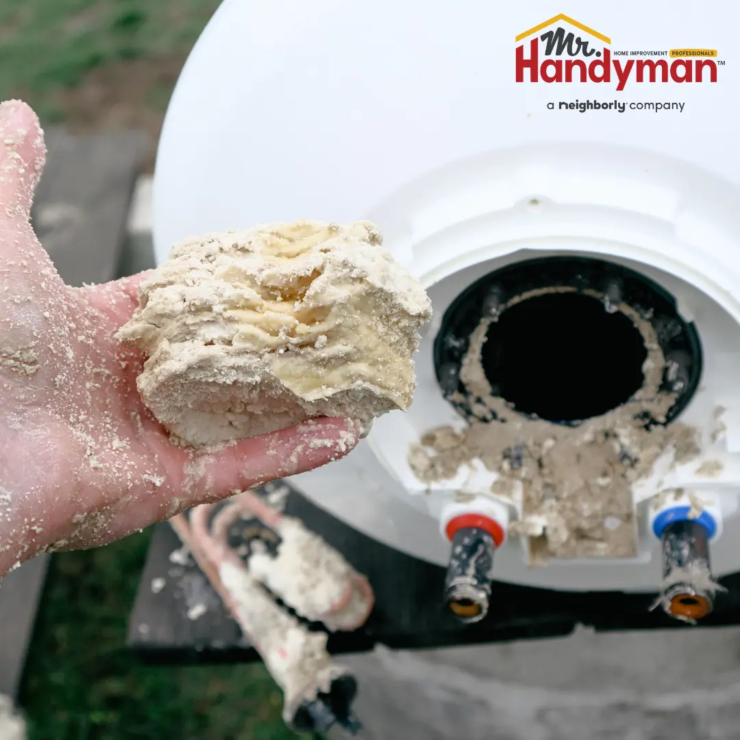 hand holding a solid chunk of mineral buildup removed from a water heater pipe connection