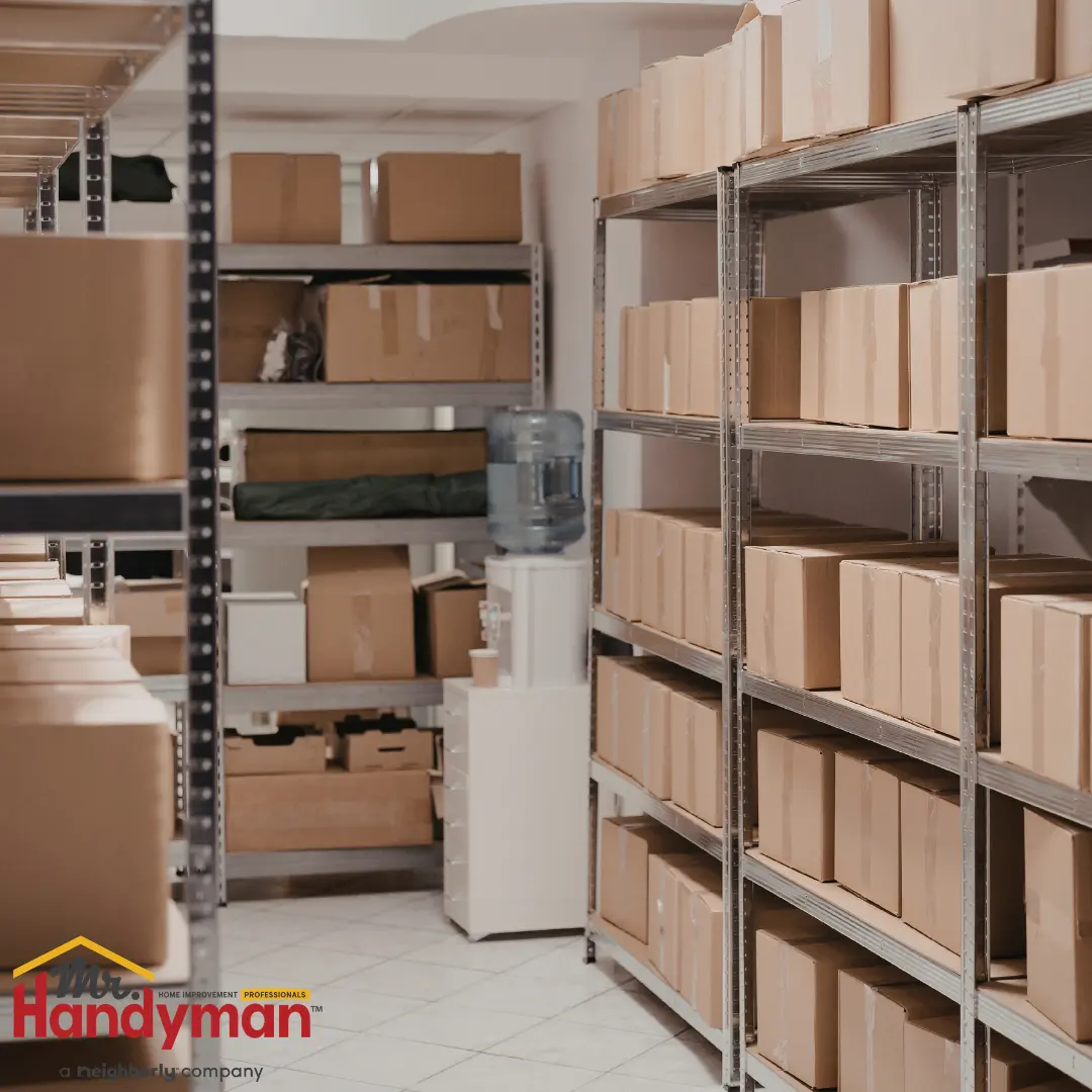 A storage room with metal boltless shelving units filled with cardboard boxes.