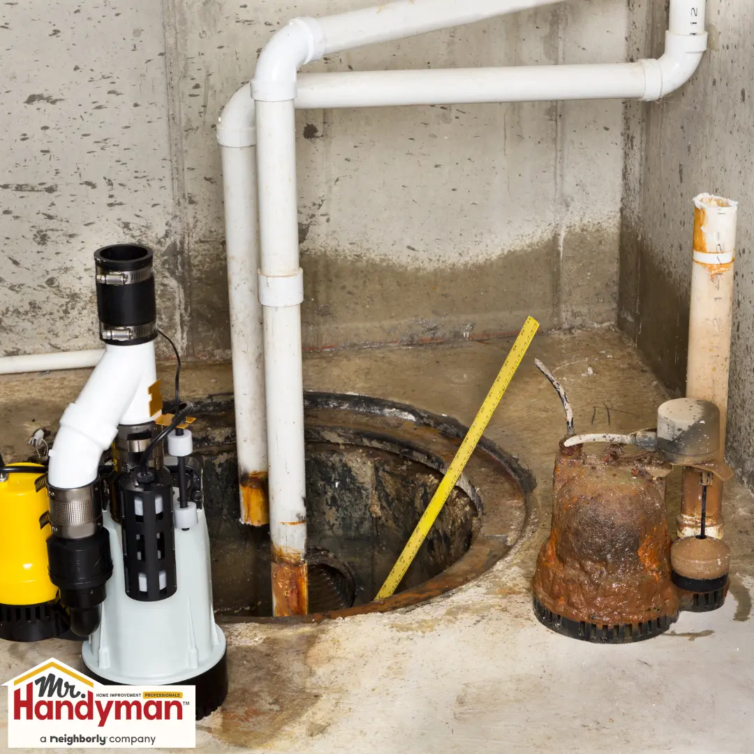 inspecting basement sump pump after spring storm flooding