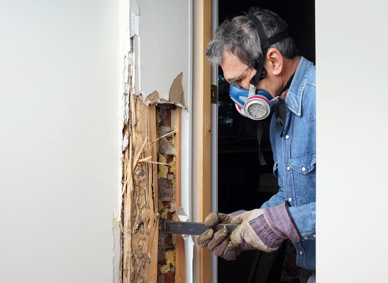 Repairing wood rot on side of front door.
