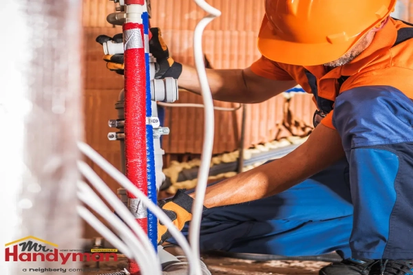 A worker in an orange hard hat and blue work pants installing or inspecting plumbing pipes with red and blue insulation.