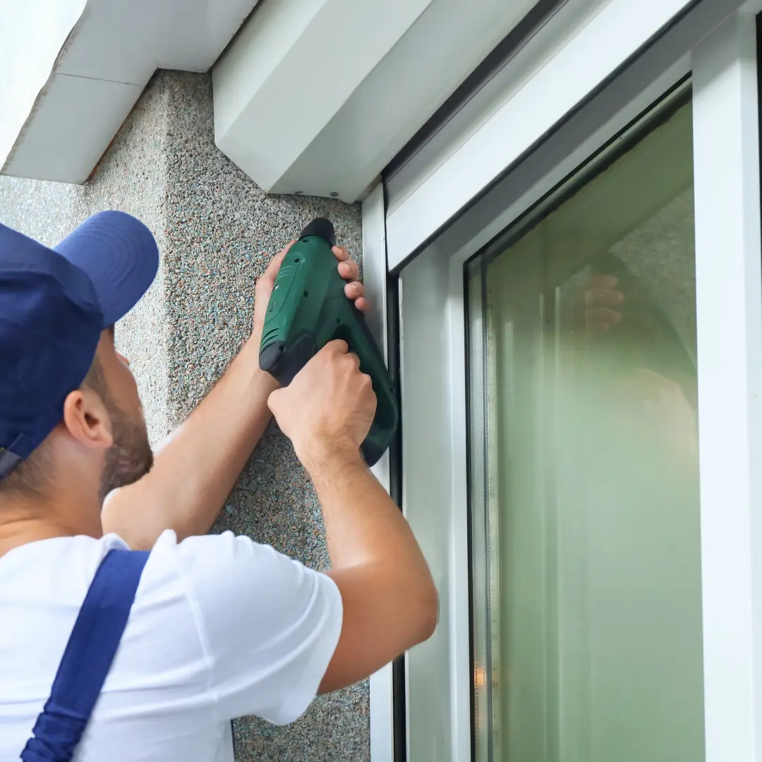 A worker uses a power drill on the exterior frame of a glass window.