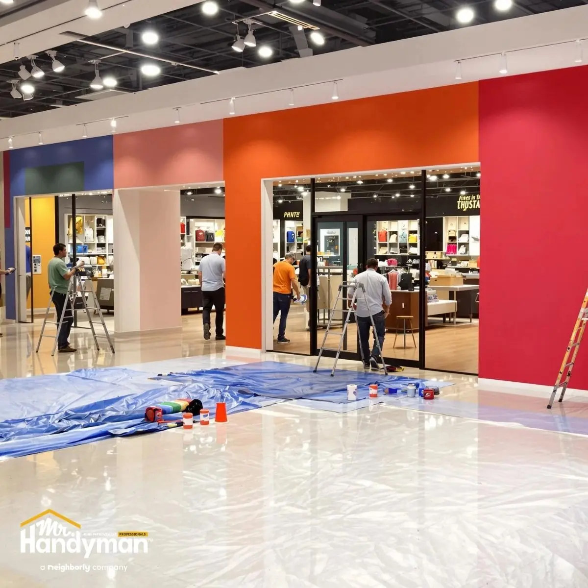Workers painting a store facade with vibrant red, orange, blue sections.