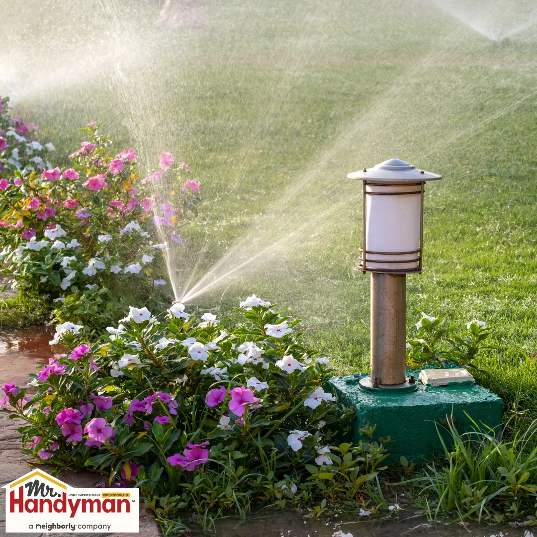 Garden sprinkler watering pink and white flowers.