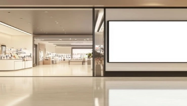Modern retail space with glass walls.