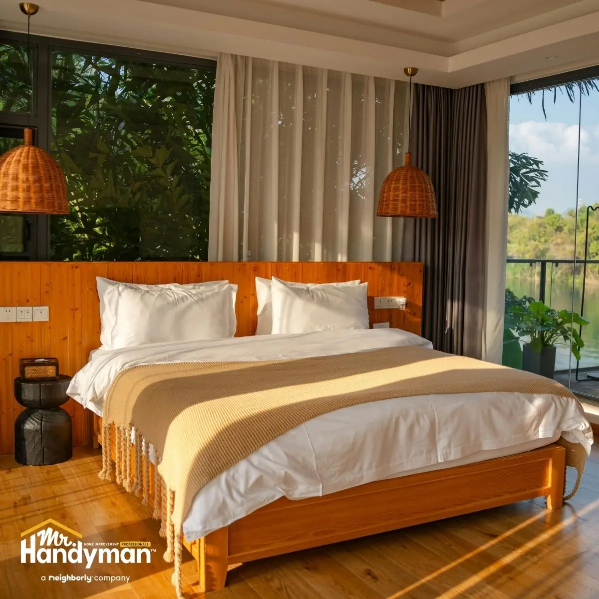 A cozy bedroom with a wooden bed, white bedding and woven pendant lights.