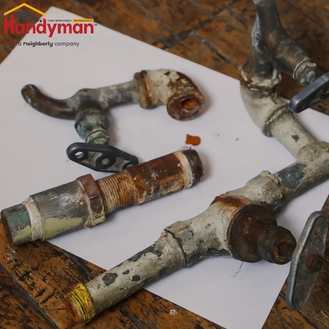 A collection of heavily rusted and corroded plumbing fixtures, including a faucet, pipe fittings, and a valve, laid out on a white sheet of paper.