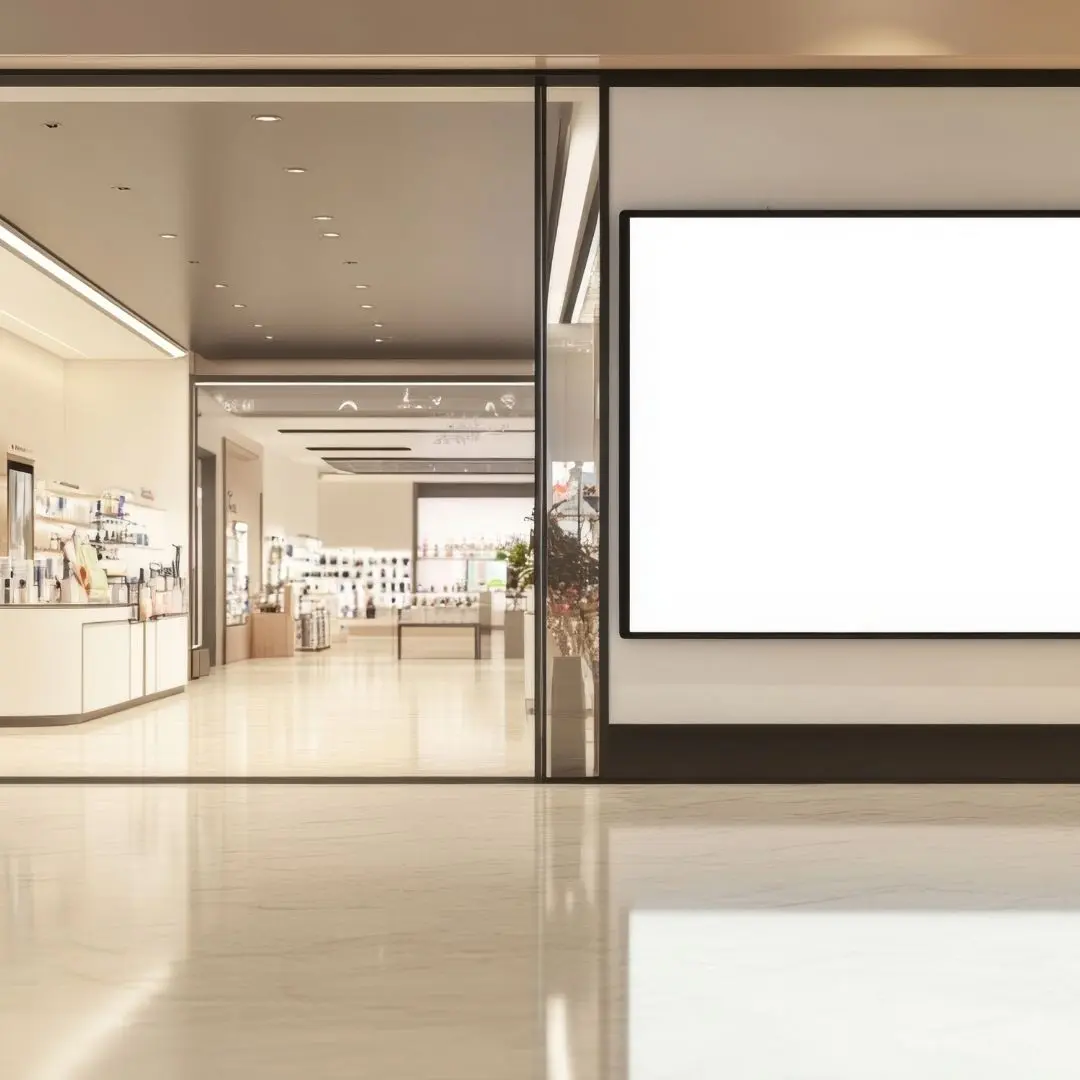 Modern retail space with glass walls.