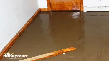 Mr. Handyman technician inspecting a sump pump in a South Bend basement before Northern Indiana spring snowmelt season