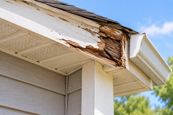 Dry rot on the roofline of a house shows the need for fascia repair.
