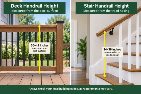 Residential deck showing guardrail height and stair handrail height meeting building codes.