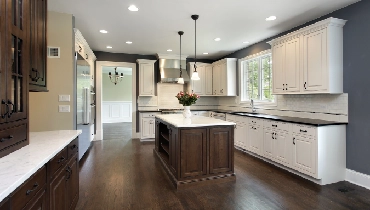 Dark wood kitchen with white cabinetry Dark wood kitchen with white cabinetry