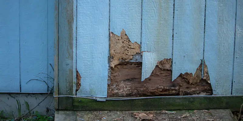 Siding planks covering part of a home&rsquo;s exterior wall with a section that has been damaged and needs house siding repair services.