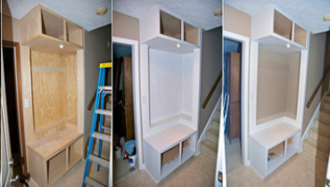 Different stages of the building of a mud room cabinet.