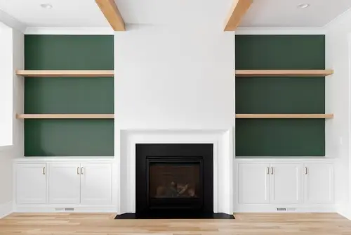 Custom built-in shelving; living room modern storage
