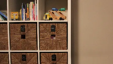 Shelves with baskets.