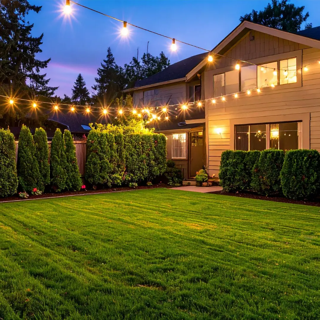 A backyard at dusk illuminated by warm string lights. 