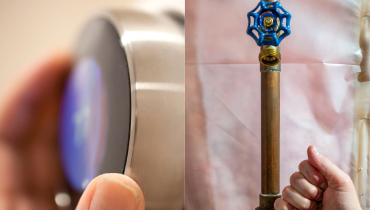 Insulated outdoor water faucet wrapped in foam pipe insulation to prevent freezing during cold weather.