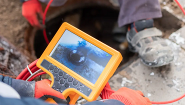 A plumber using a handheld camera inspection device to survey an underground pipe.