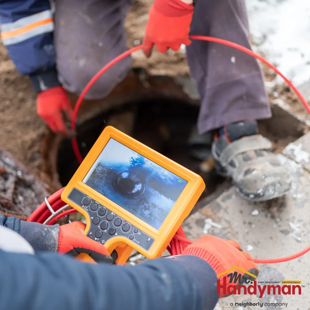 A plumber using a handheld camera inspection device to survey an underground pipe.
