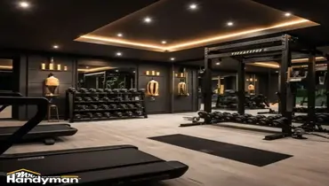 Mr. Handyman technician repairing gym wall damage to improve brand image at Wichita area fitness facility