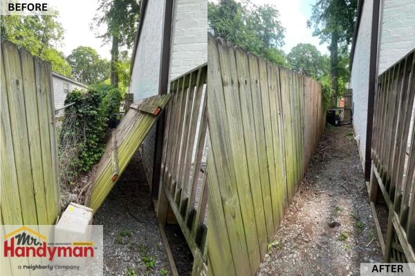 Before and after vinyl fence repair by Mr. Handyman of Northern St Joseph and Elkhart Counties